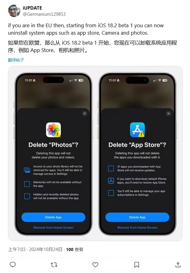 唐河苹果手机维修分享iOS 18.2 支持删除 App Store 应用商店 